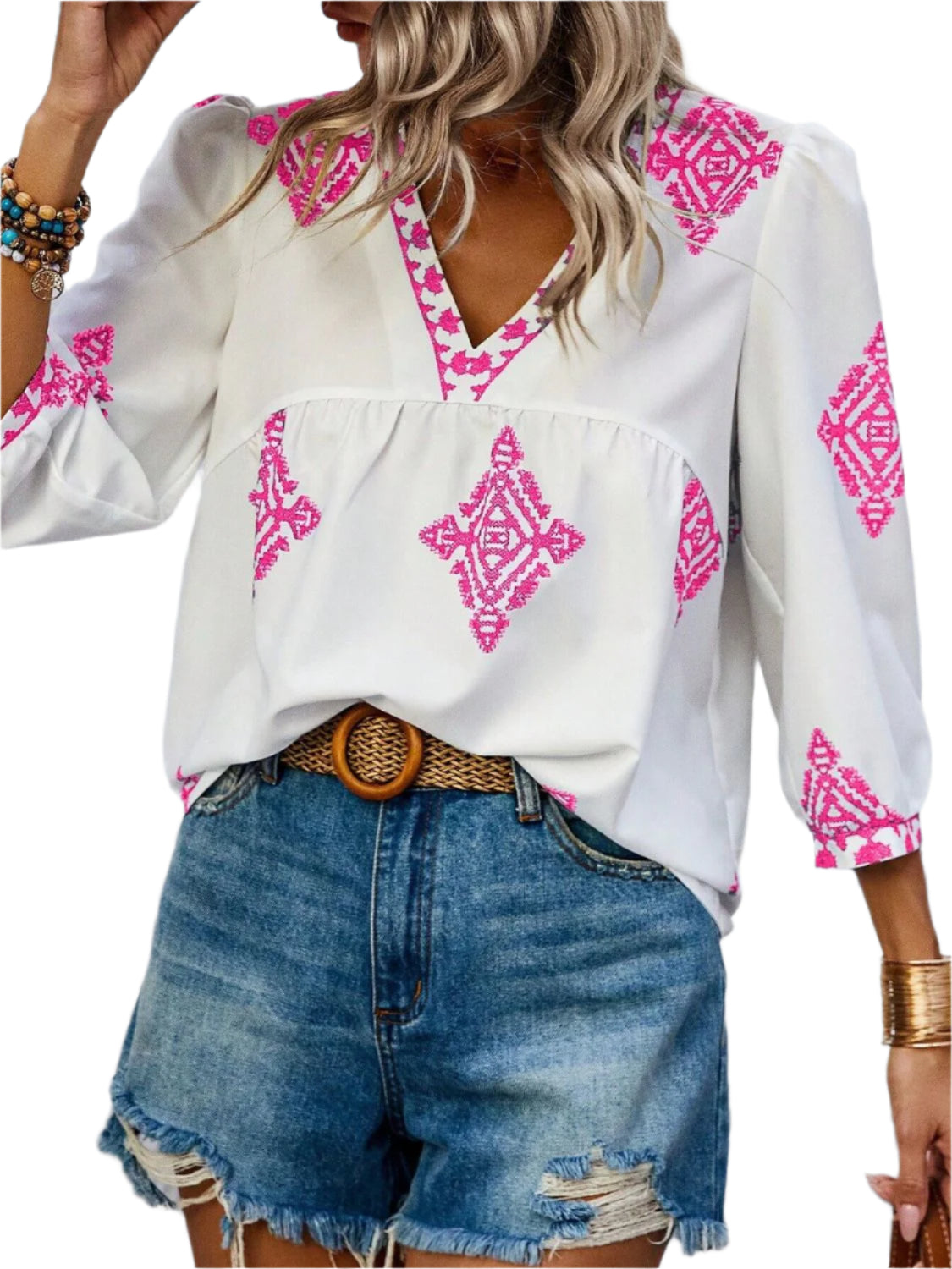 Printed V-Neck Three-Quarter Sleeve Blouse