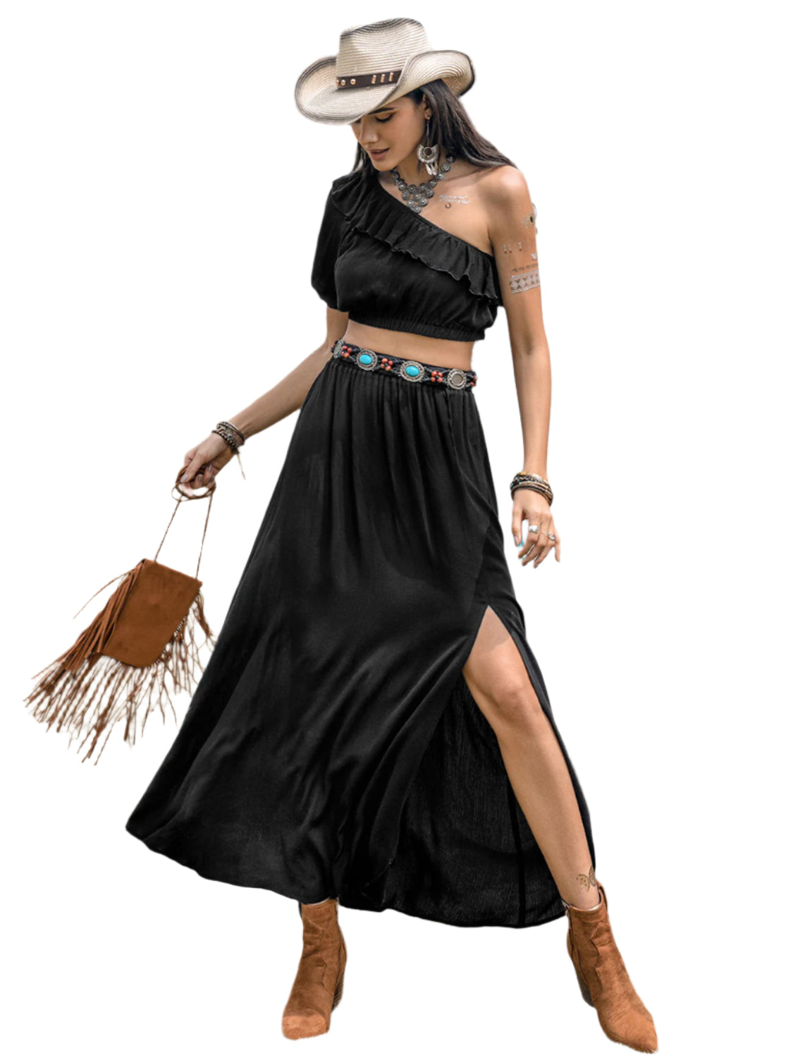 Ruffled Single Shoulder Top and Slit Skirt Set