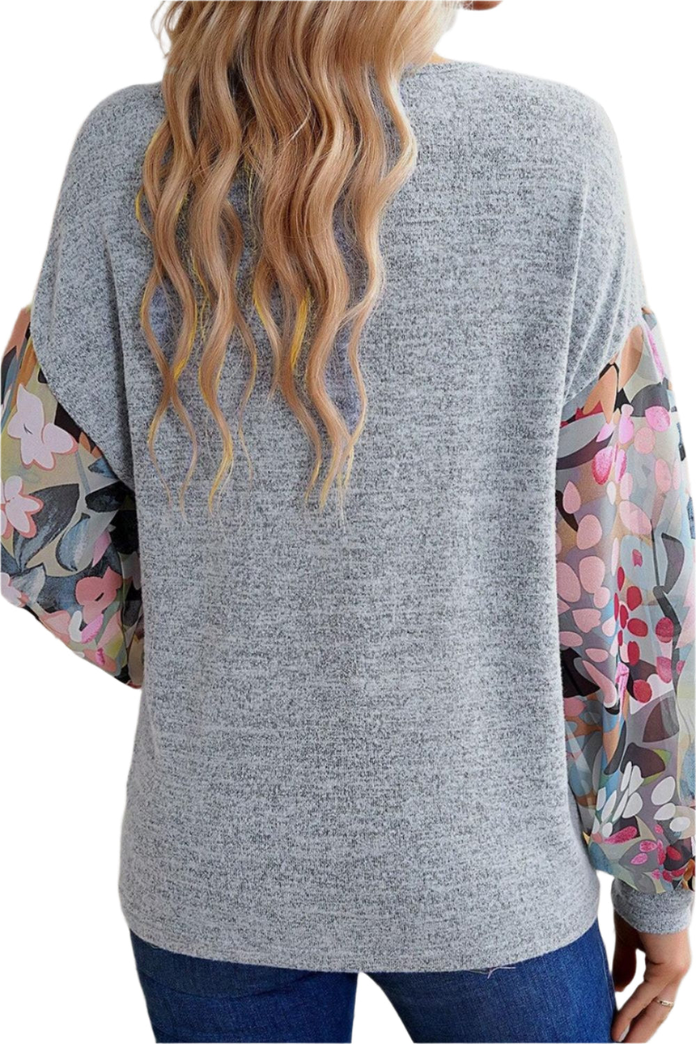 Printed Lantern Sleeve Buttoned V Neck Top