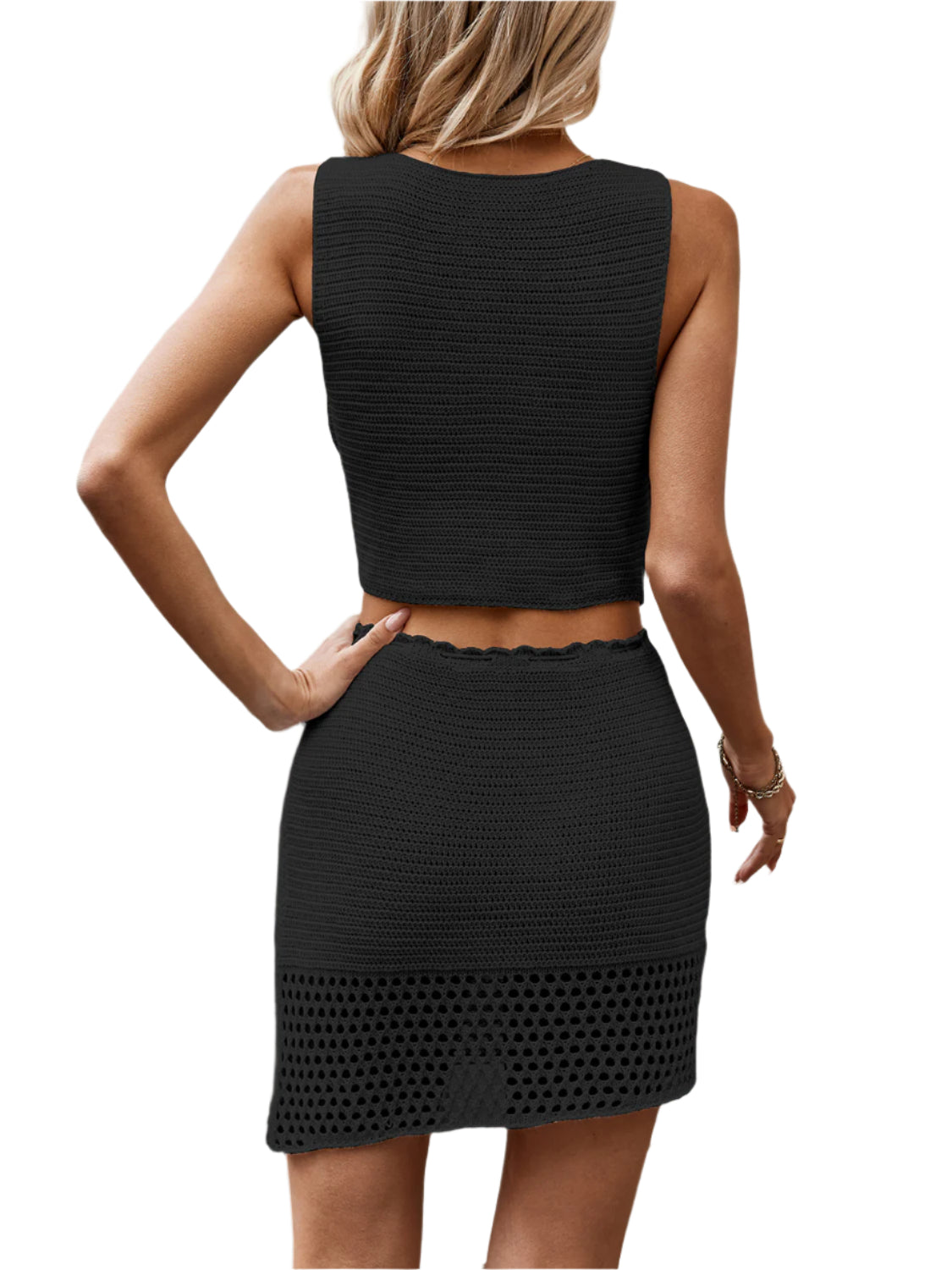 Button Up Sleeveless Top and Drawstring Skirt Set