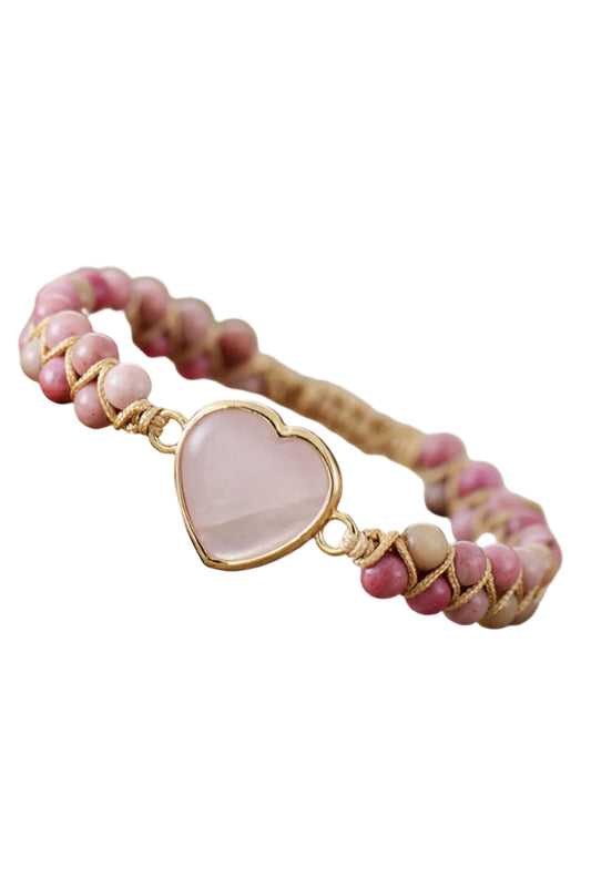 Rose Quartz and Rhodonite Crystal  Heart Beaded Bracelet