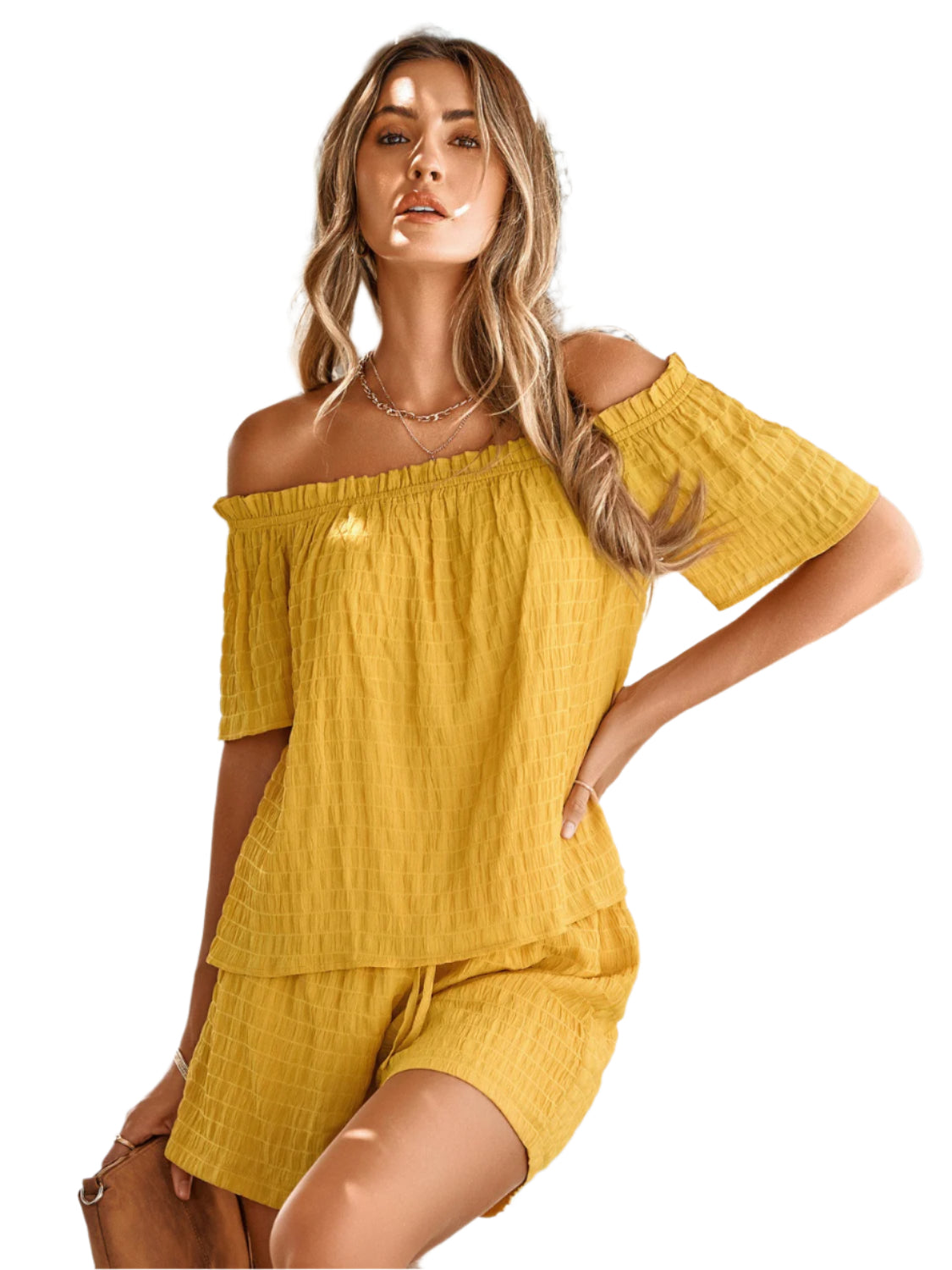 Full Size Off-Shoulder Short Sleeve Top and Tied Shorts Set