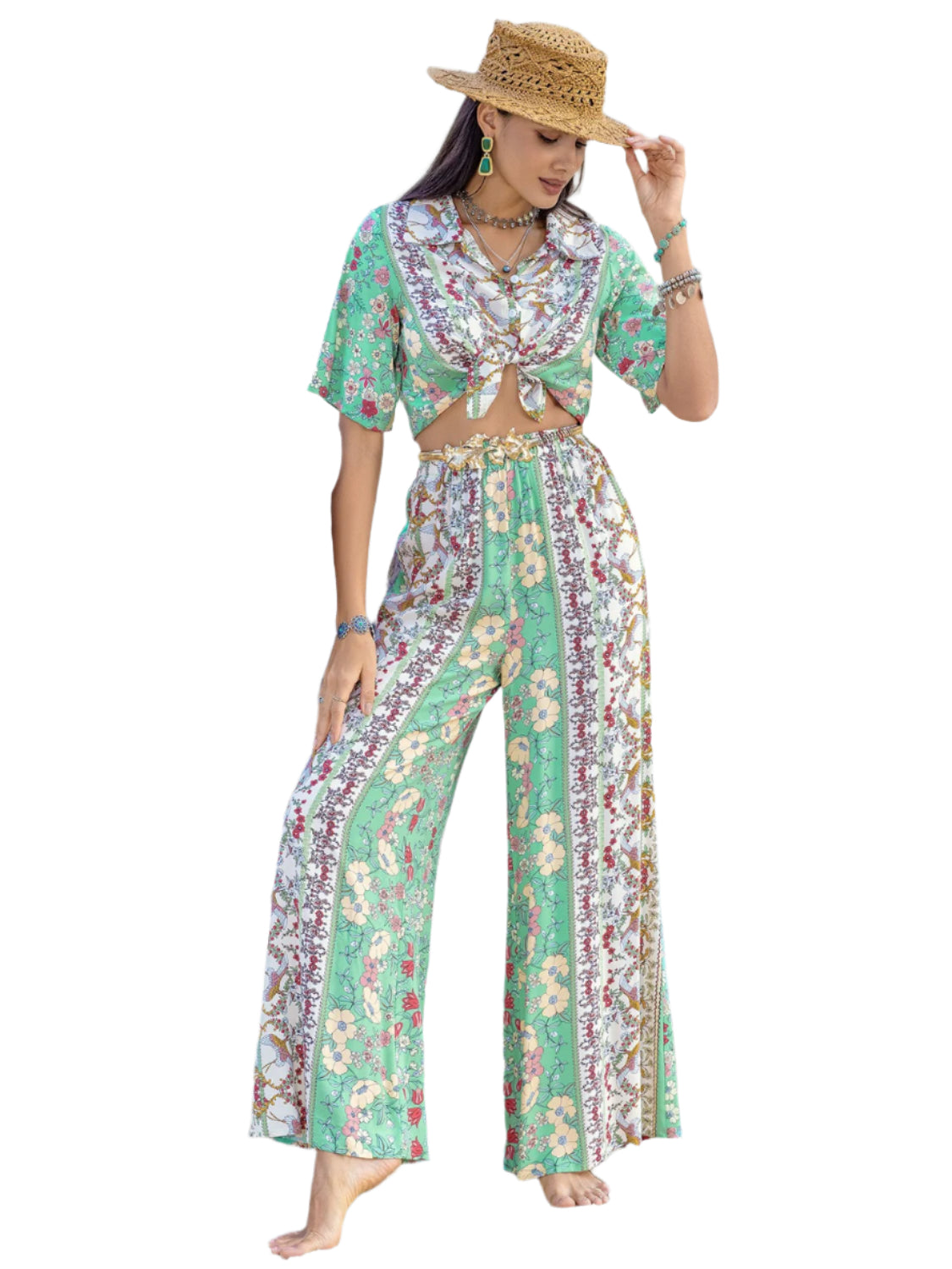 Printed Half Sleeve Top and Wide Leg Pants Set