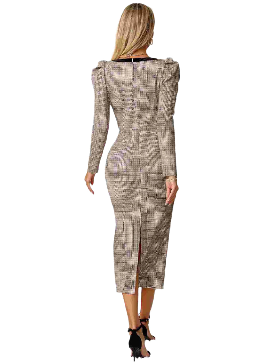 Bow Plaid Square Neck Puff Sleeve Dress