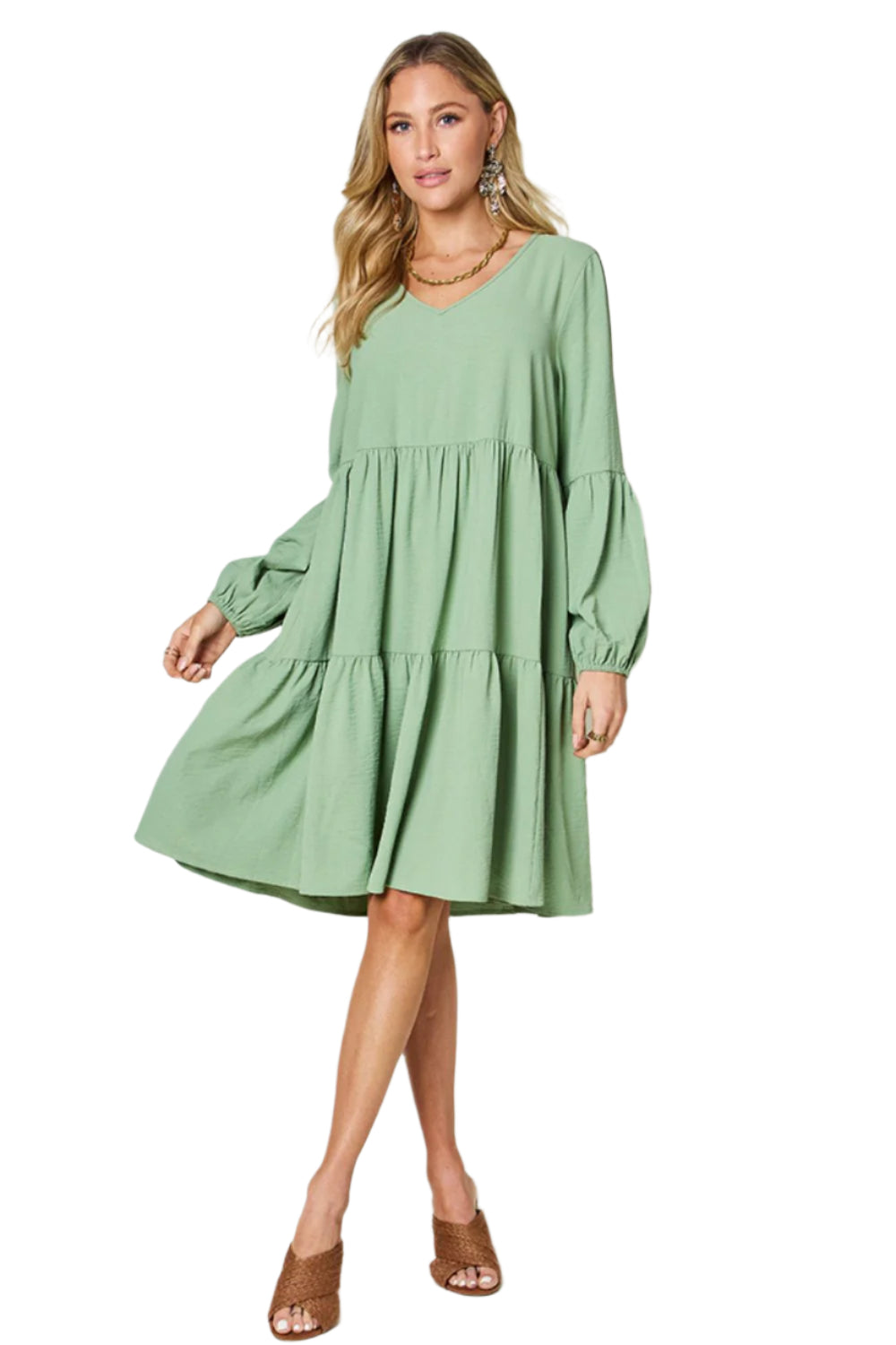 Double Take Full Size V-Neck Balloon Sleeve Tiered Dress with Pockets