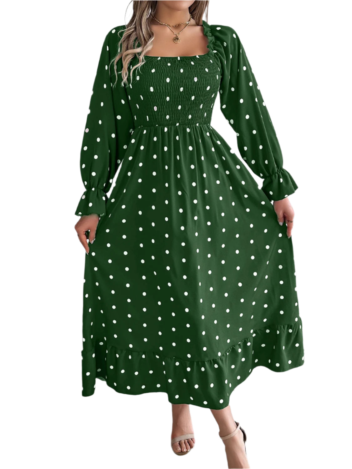 Polka Dot Flounce Sleeve Midi Dress