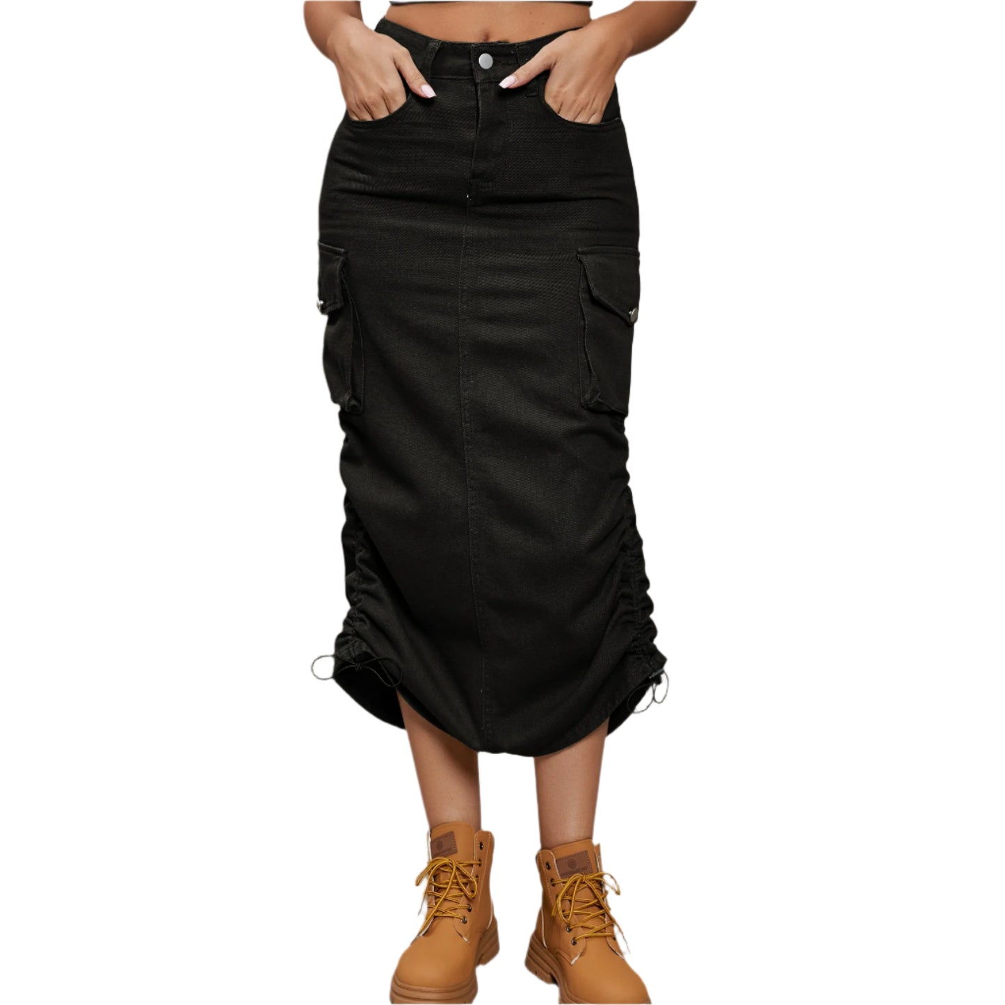 Drawstring Ruched Slit Denim Midi Skirt