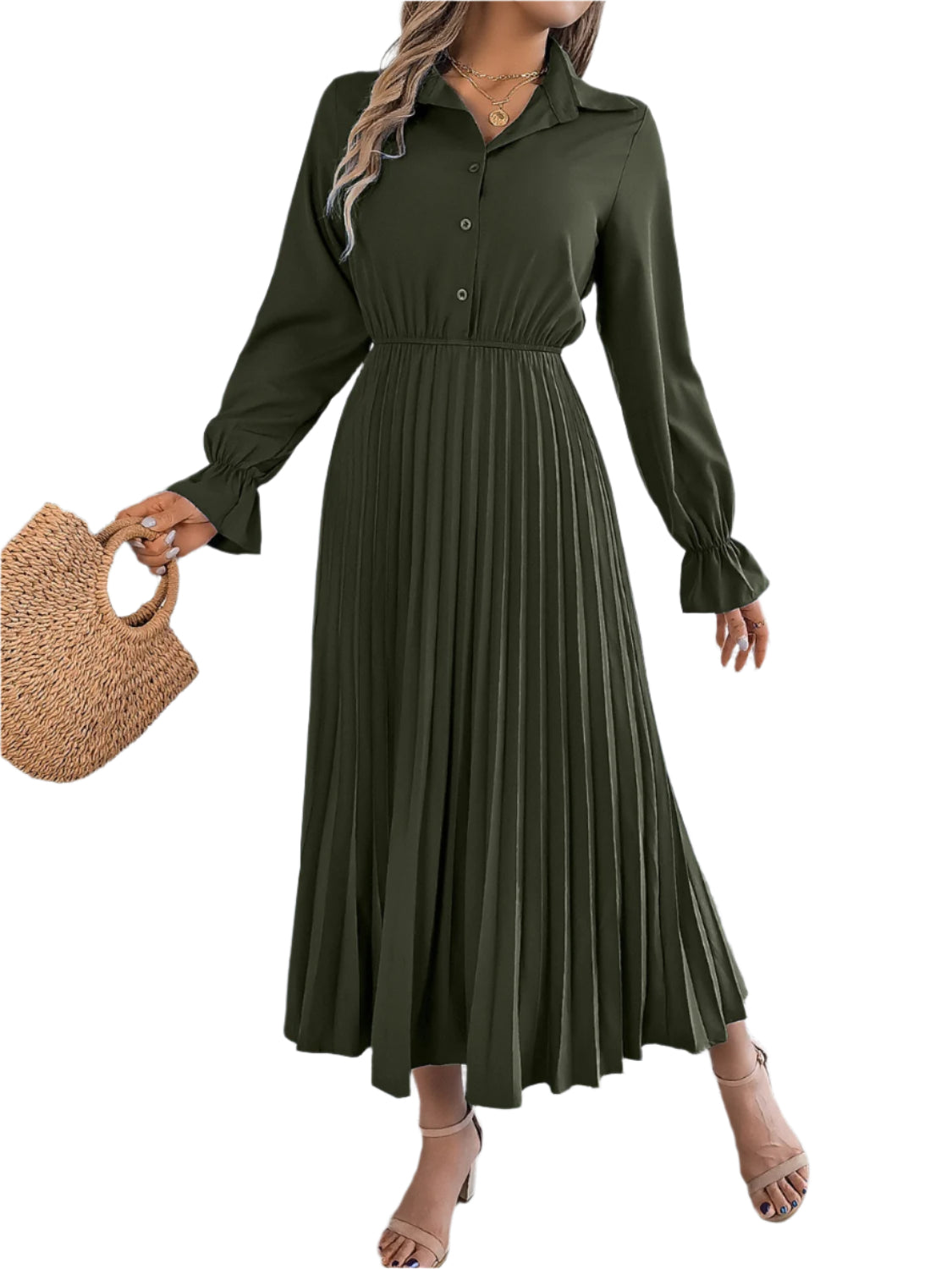 Pleated Half Button Long Sleeve Midi Dress