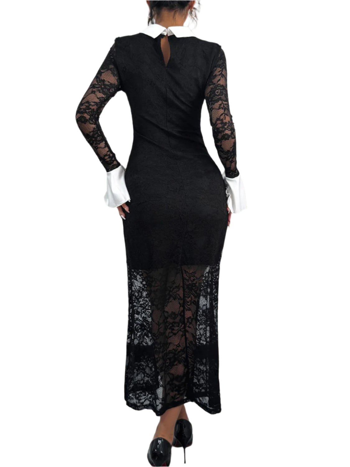 Perfee Lace Contrast Collared Neck Long Sleeve Midi Dress