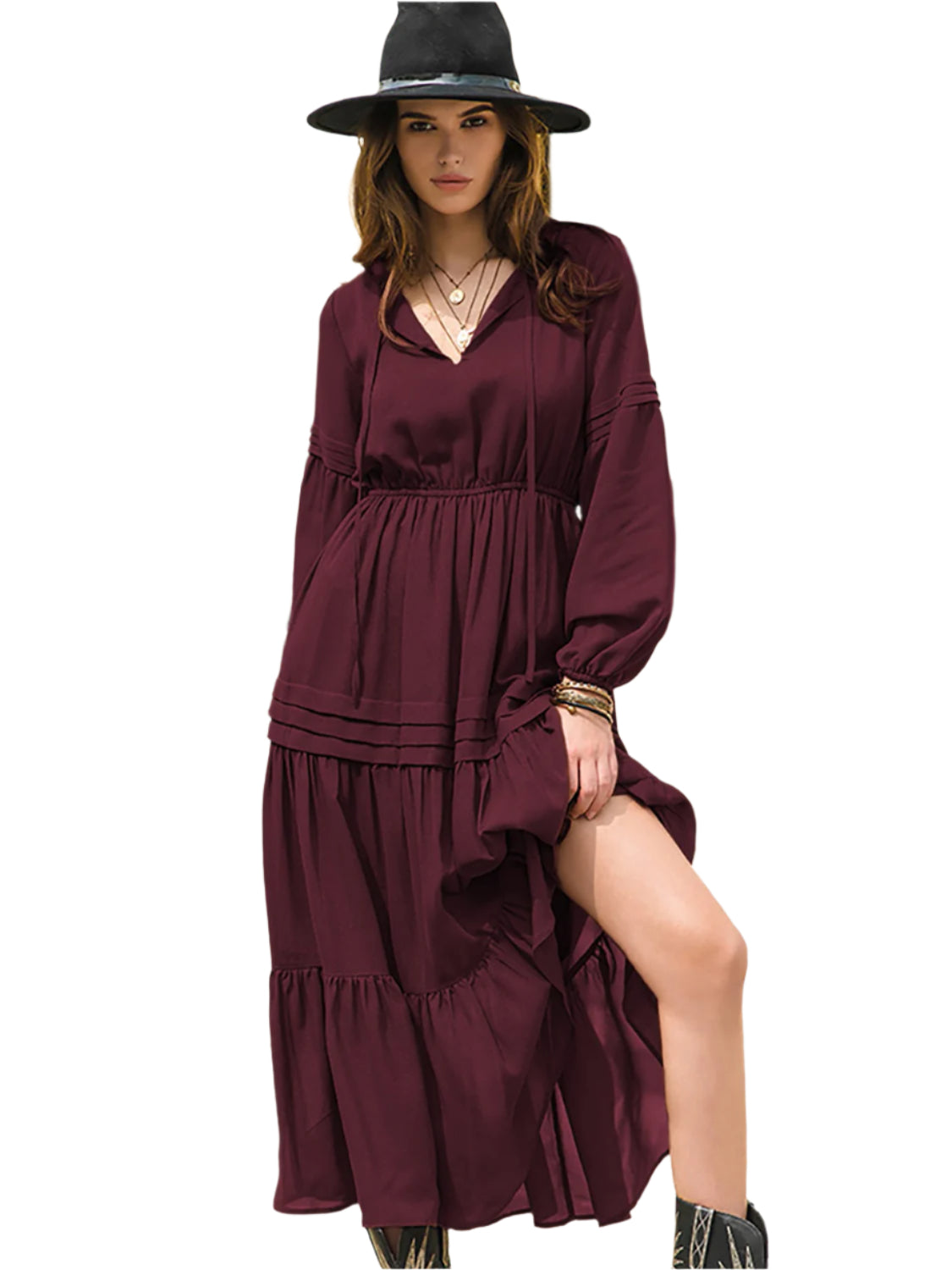 Tie Neck Long Sleeve Midi Tiered Dress