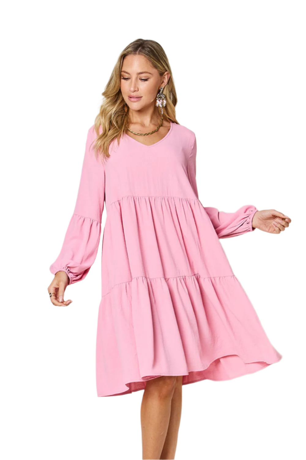 Double Take Full Size V-Neck Balloon Sleeve Tiered Dress with Pockets