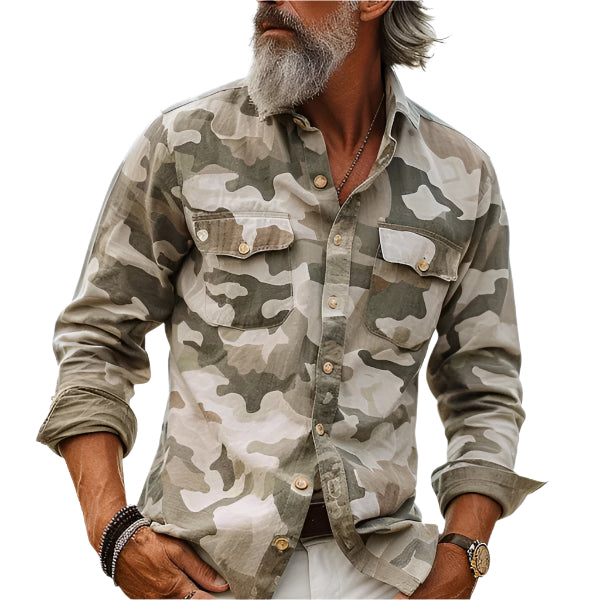 Men's Camouflage Long Sleeve Button Down Collared Shirt