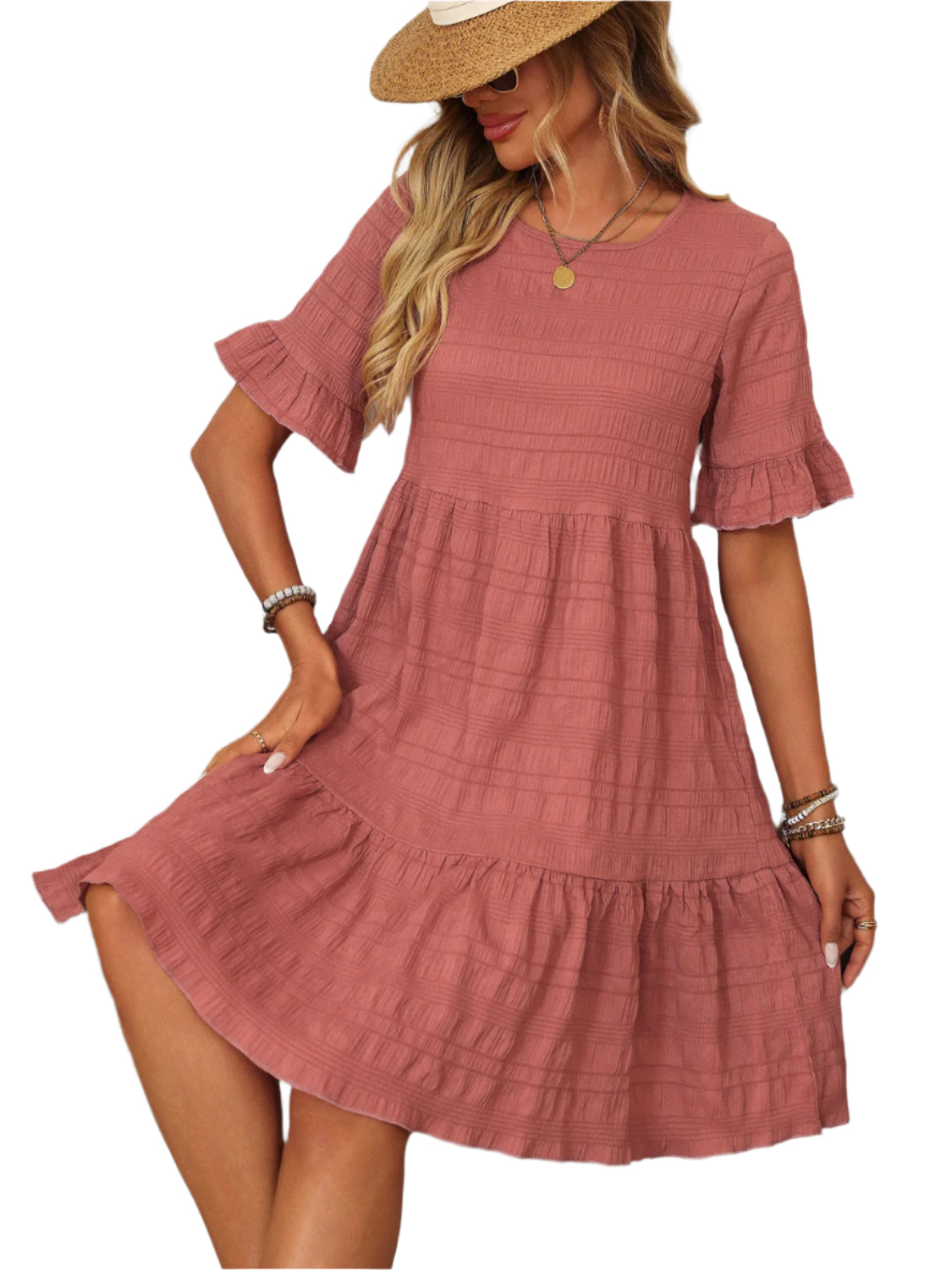 Mandy Ruffled Ruched Round Neck Half Sleeve Dress