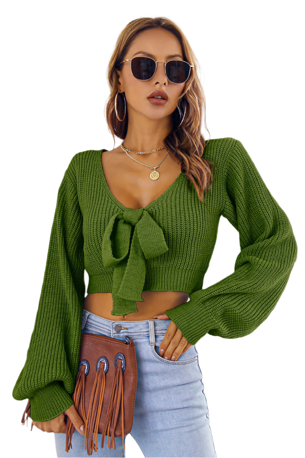 Bow V-Neck Long Sleeve Cropped Sweater
