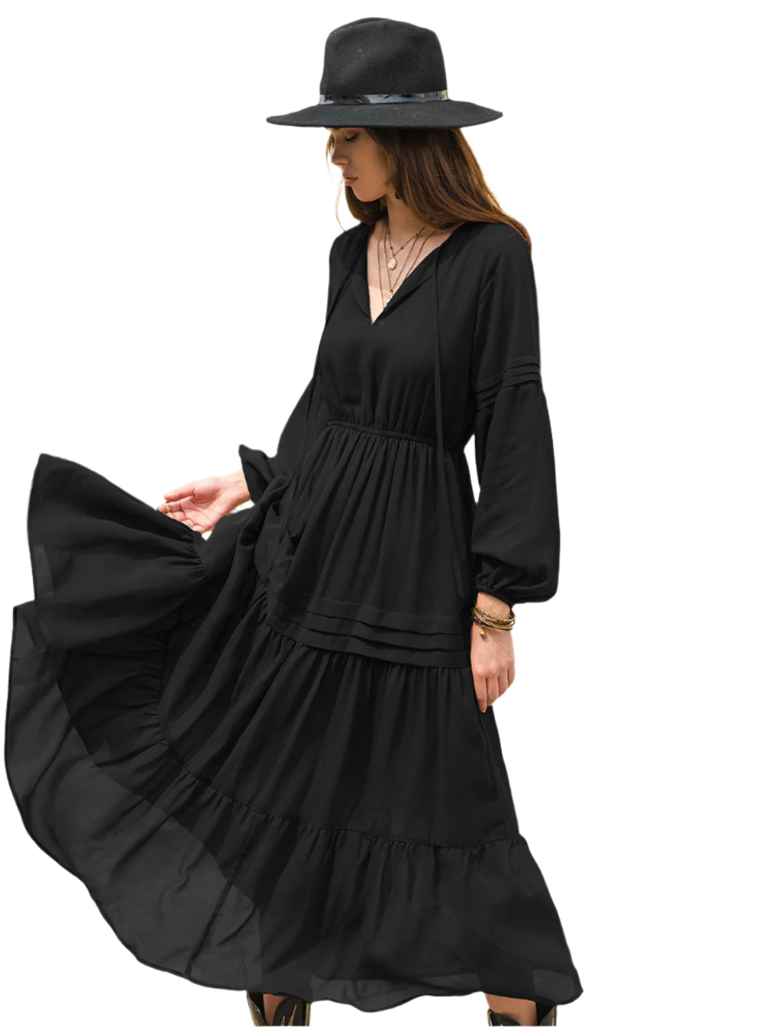 Tie Neck Long Sleeve Midi Tiered Dress