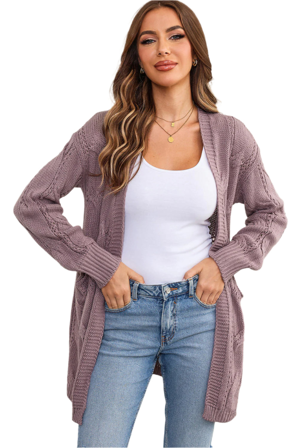 Cable-Knit Dropped Shoulder Slit Cardigan