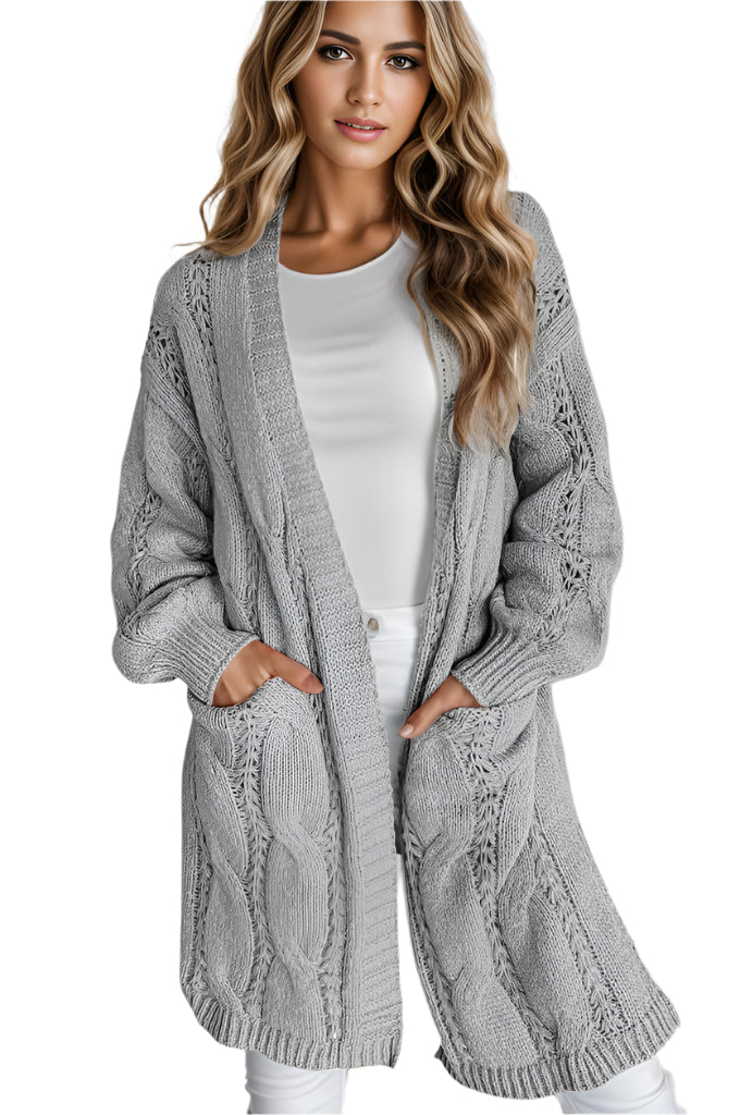 Cable-Knit Dropped Shoulder Slit Cardigan
