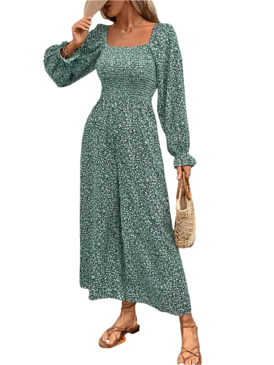 Perfee Smocked Printed Long Sleeve Wide Leg Jumpsuit