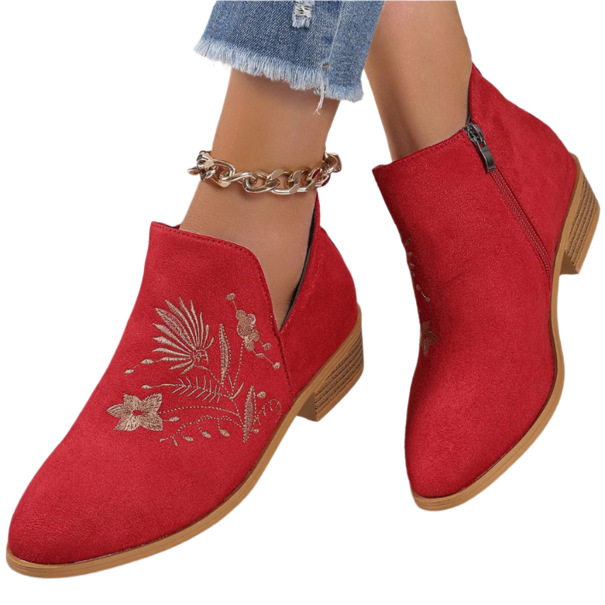 Embroidered Suede Point Toe Block Heel Boots