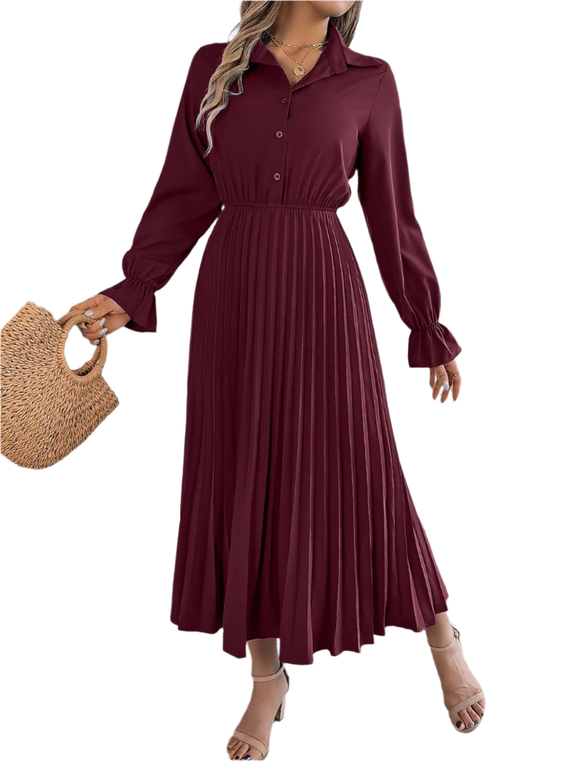 Pleated Half Button Long Sleeve Midi Dress
