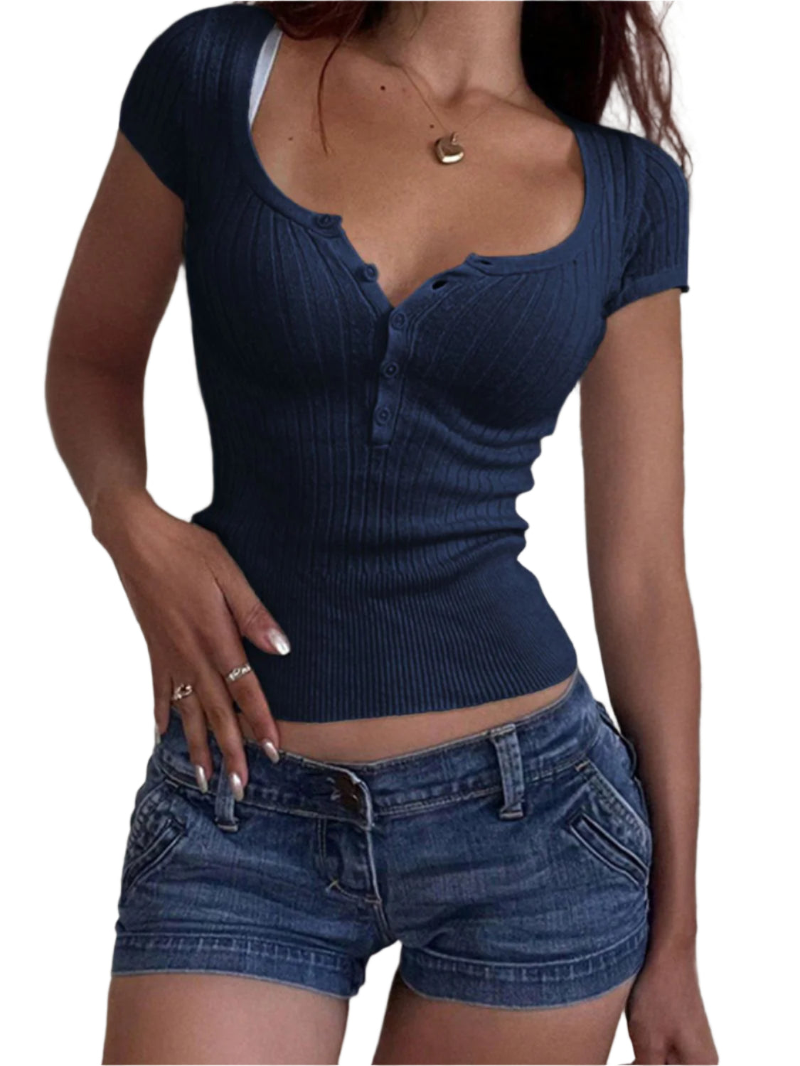 Half Button Scoop Neck Short Sleeve Knit Top