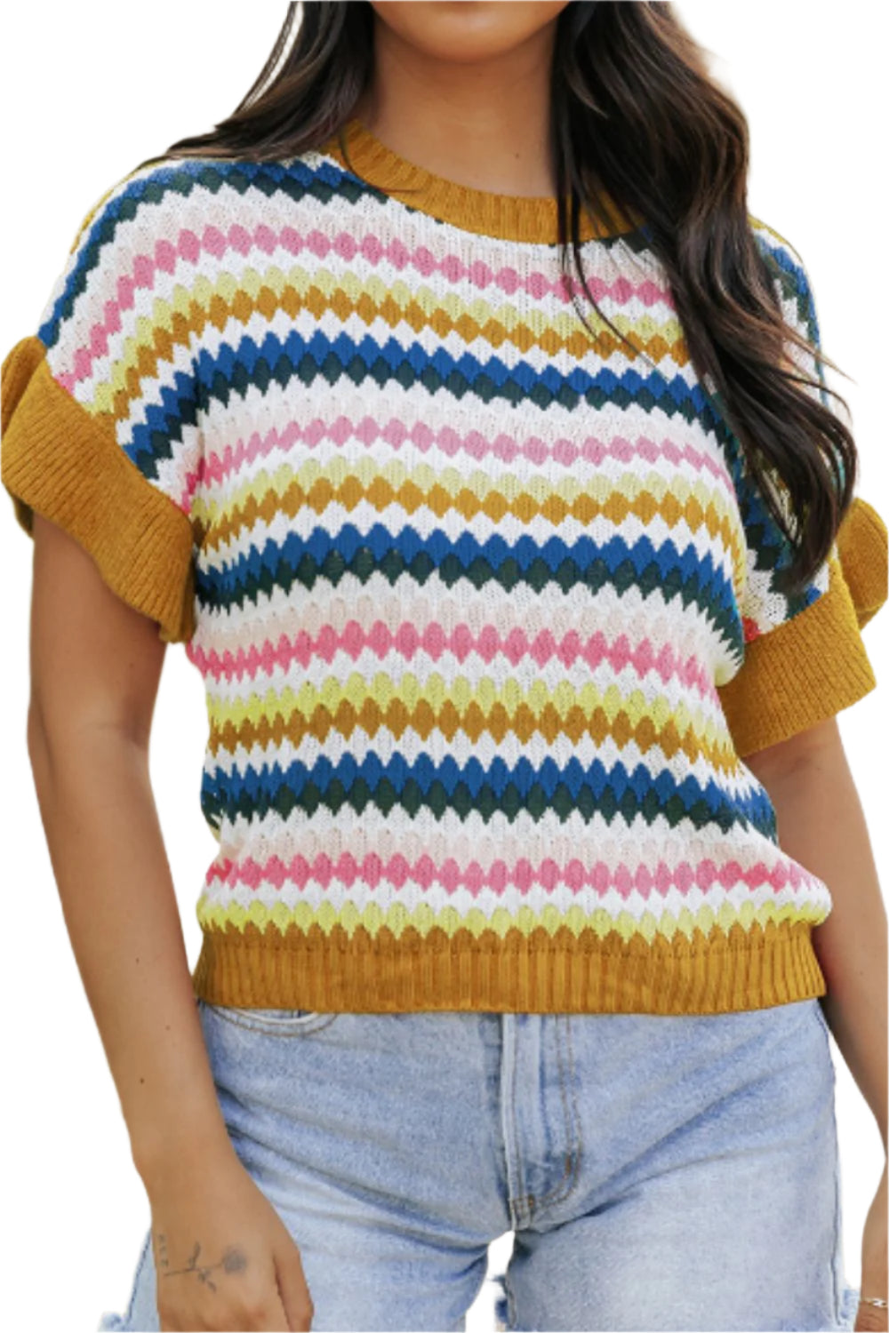Contrast Round Neck Short Sleeve Sweater