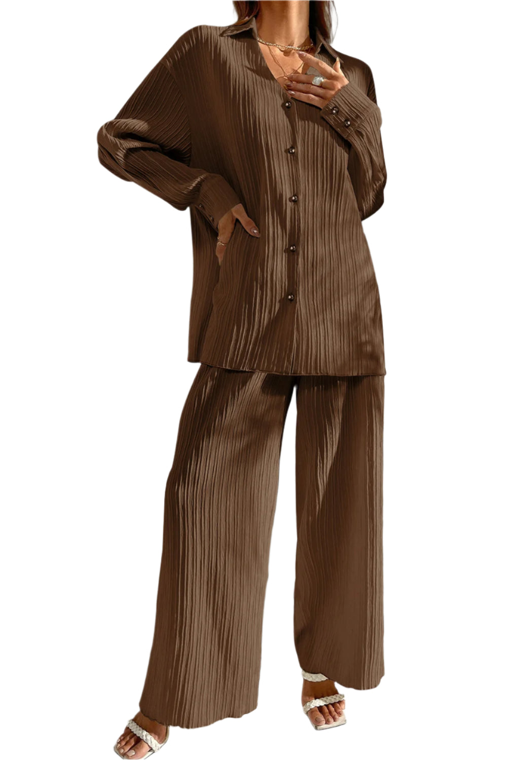 Johnny Collar Button Down Top and Pants Set