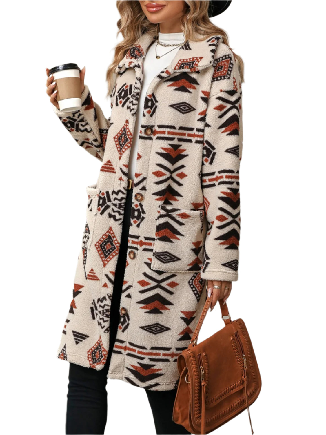 Geometric Pocketed Dropped Shoulder Coat