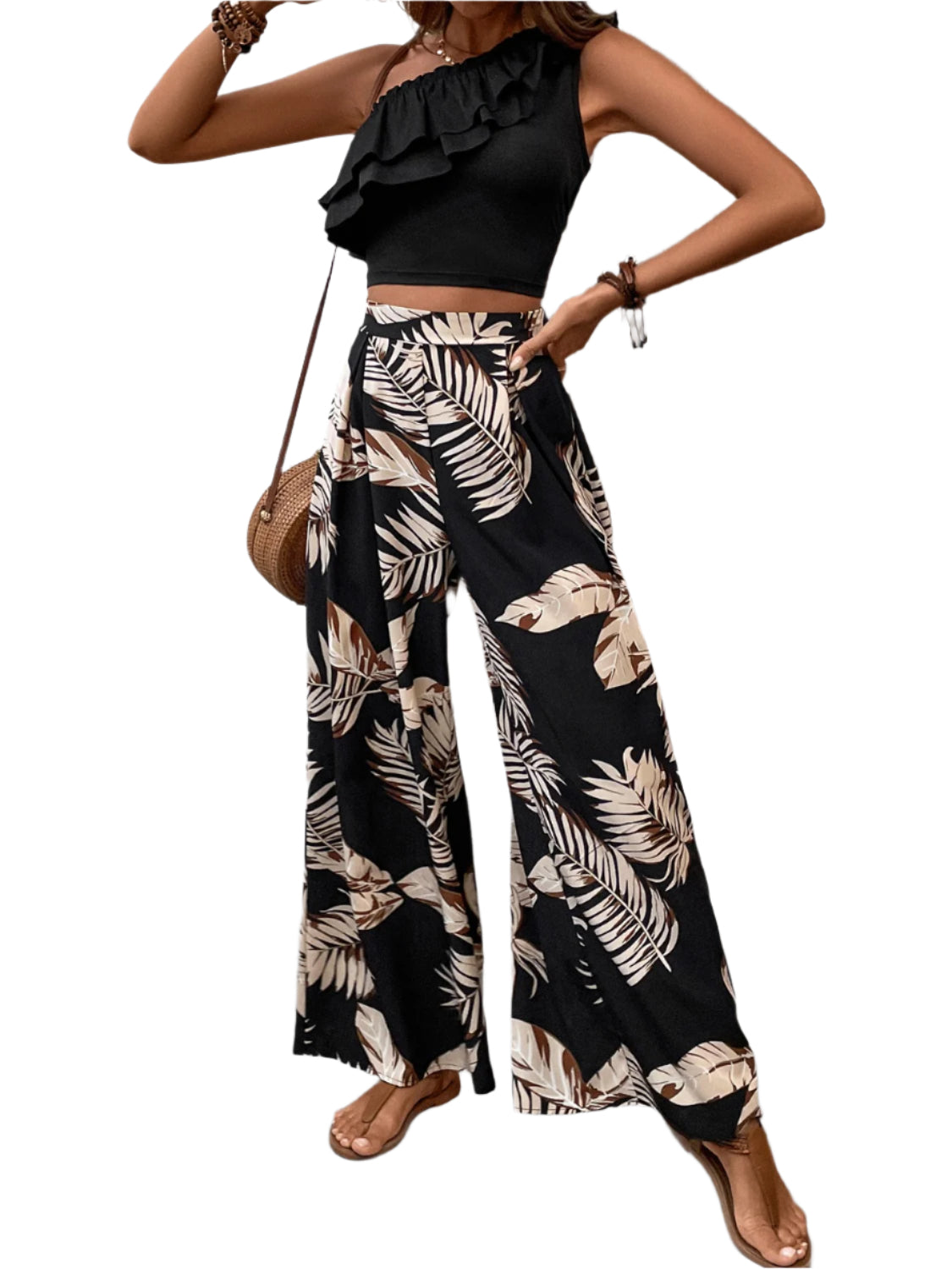 Honey Ruffled Sleeveless Top and Printed Pants Set