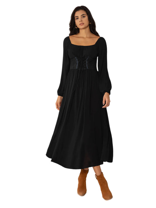 Lace-Up Square Neck Long Sleeve Midi Dress