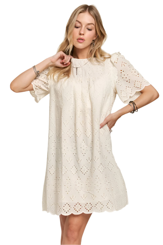 ADORA Ruffled Eyelet Round Neck Dress
