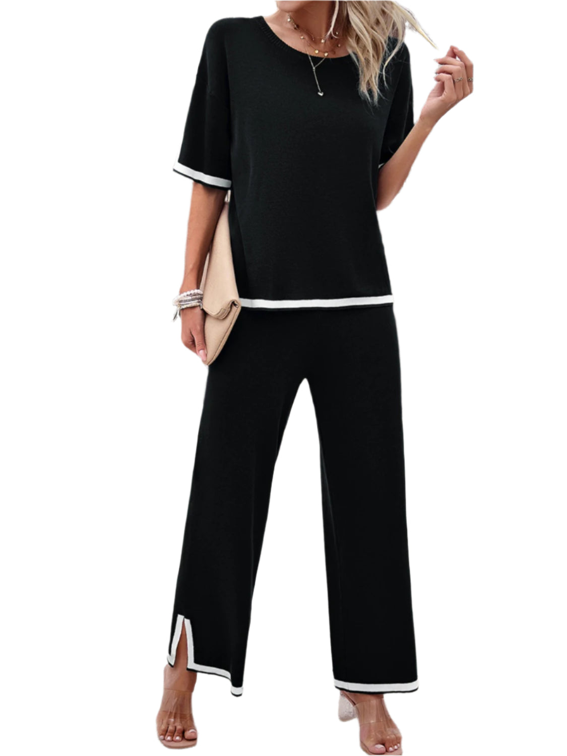 Devine Contrast Trim Round Neck Top and Pants Set