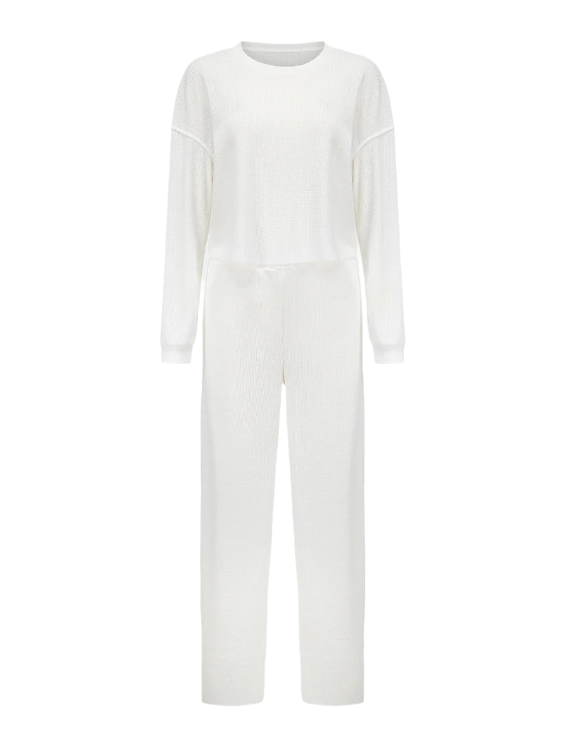 Waffle-Knit Round Neck Top and Pants Set
