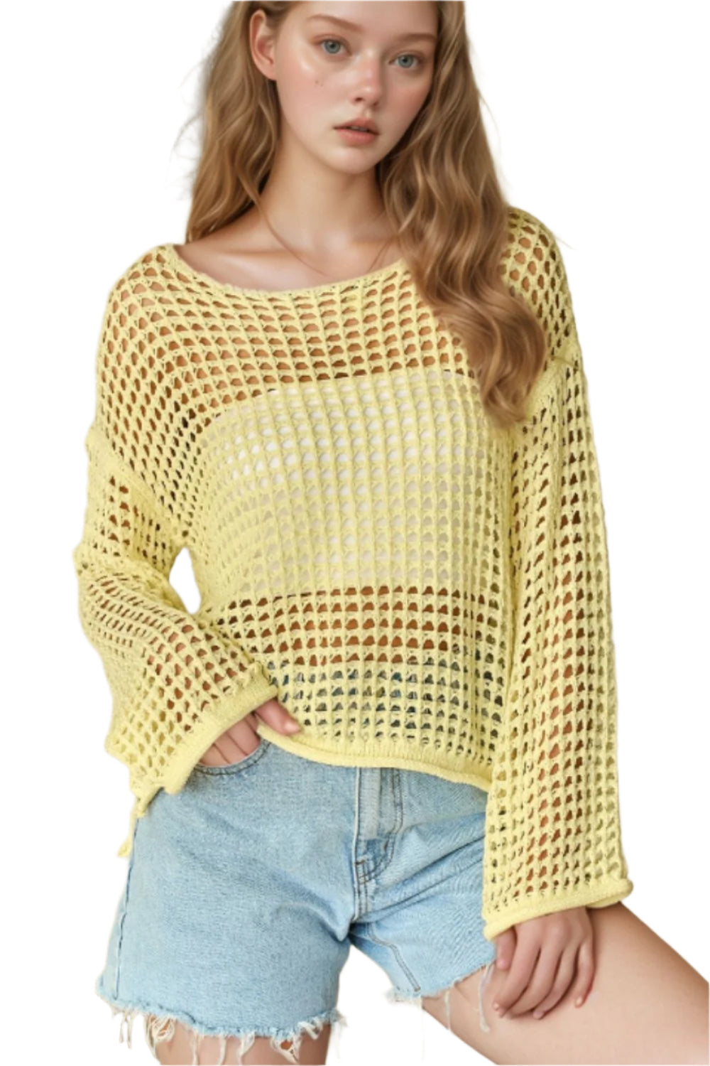 Openwork Round Neck Dropped Shoulder Knit Cover Up
