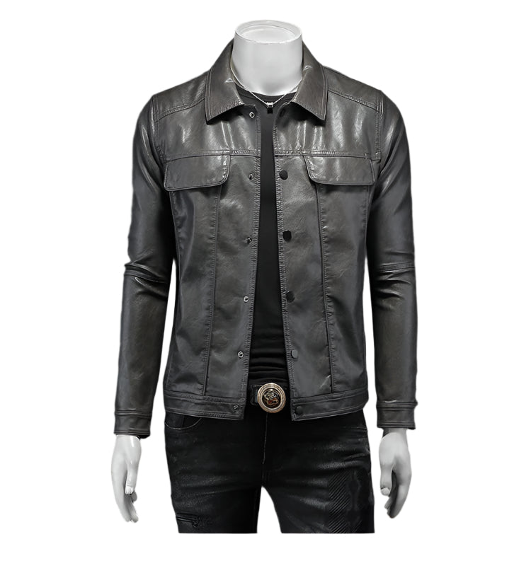 Men's Button Down PU Leather Jacket