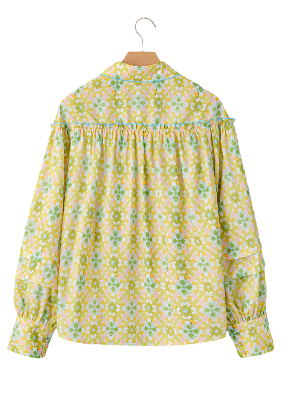 Frill Printed Collared Neck Long Sleeve Blouse