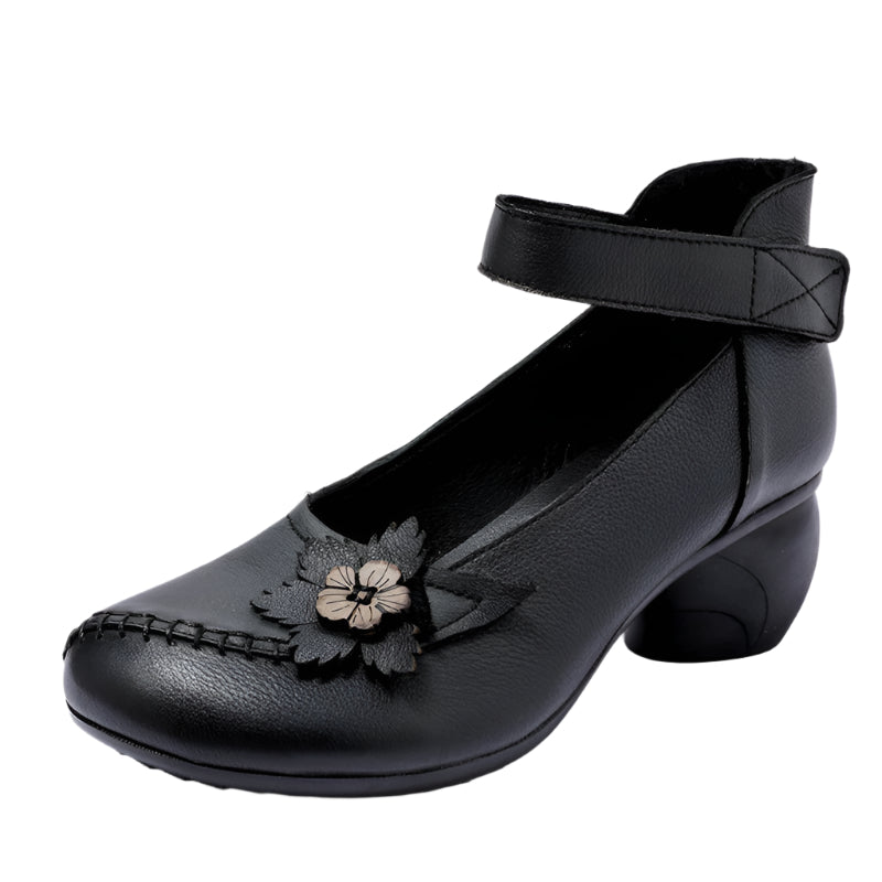 Floral Motif Cowhide Leather Velcro Heel