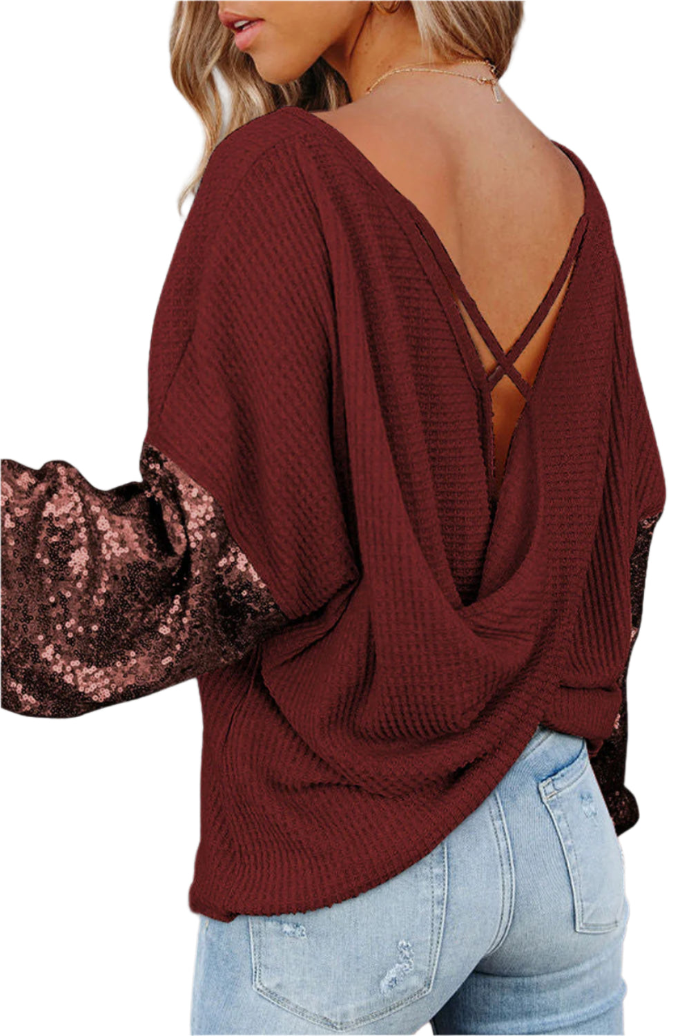Sequin Waffle-Knit Blouse