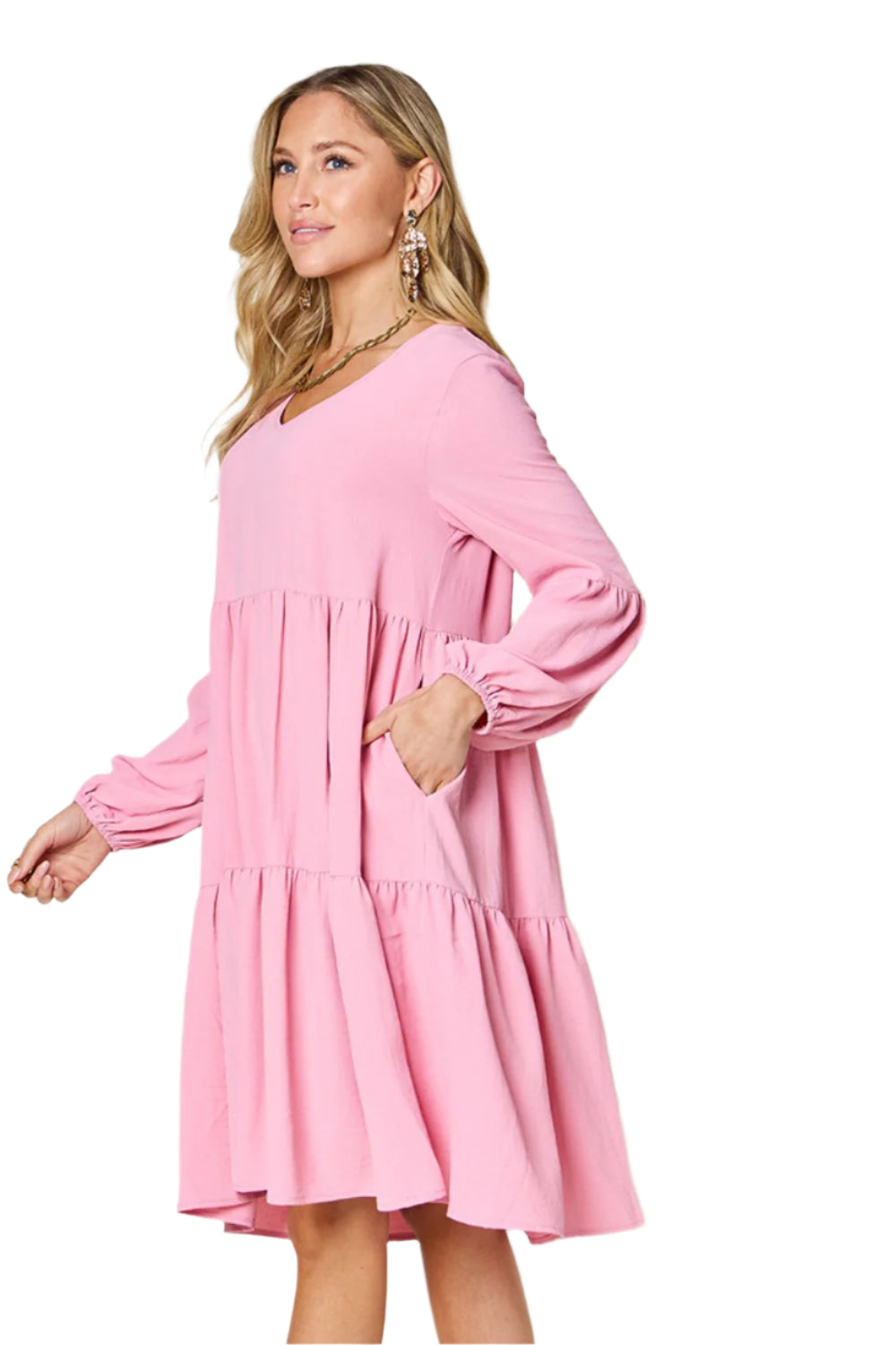 Double Take Full Size V-Neck Balloon Sleeve Tiered Dress with Pockets