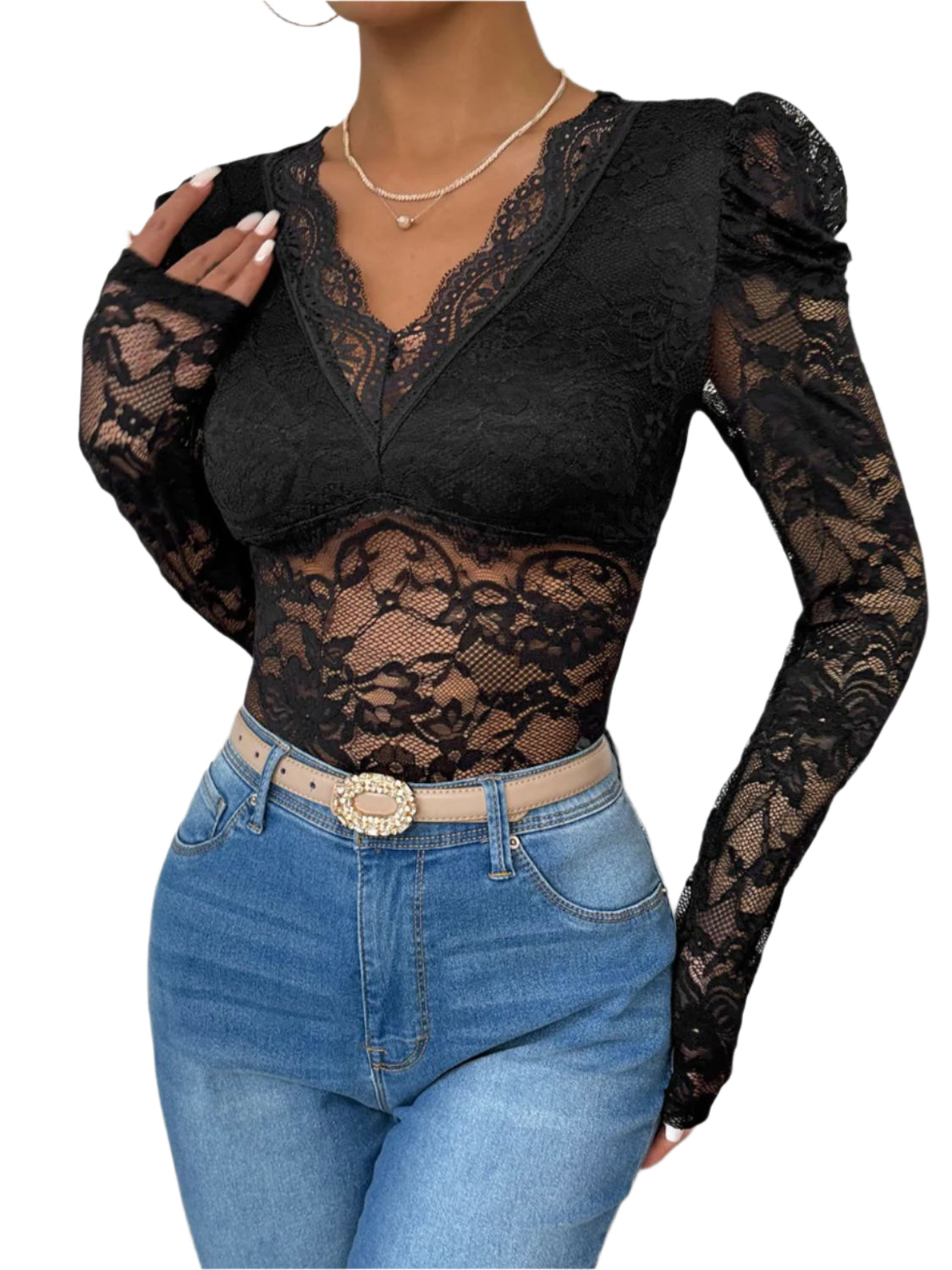 Perfee Lace V-Neck Long Sleeve Bodysuit