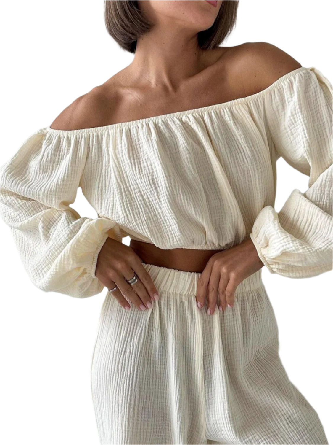 Off Shoulder Long Sleeve Top and Pants Set