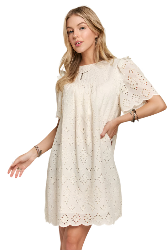 ADORA Ruffled Eyelet Round Neck Dress