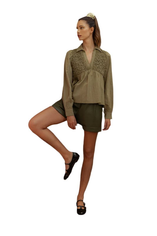Annie Wear Smocked Front Long Sleeve Babydoll Blouse