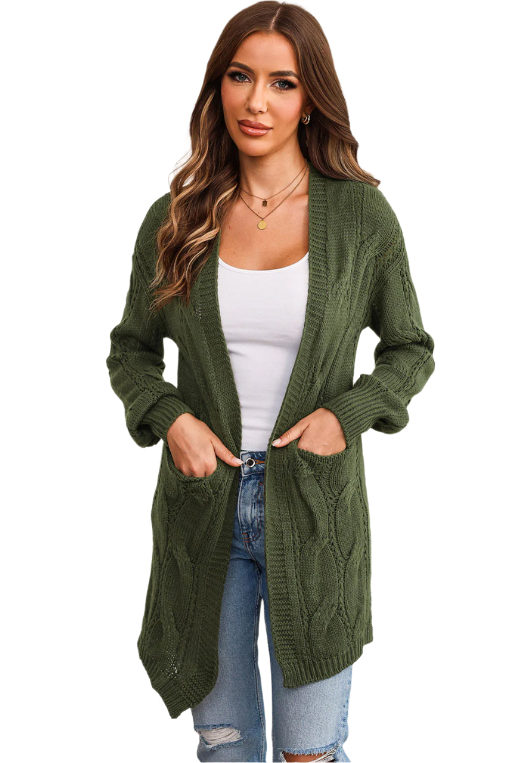 Cable-Knit Dropped Shoulder Slit Cardigan
