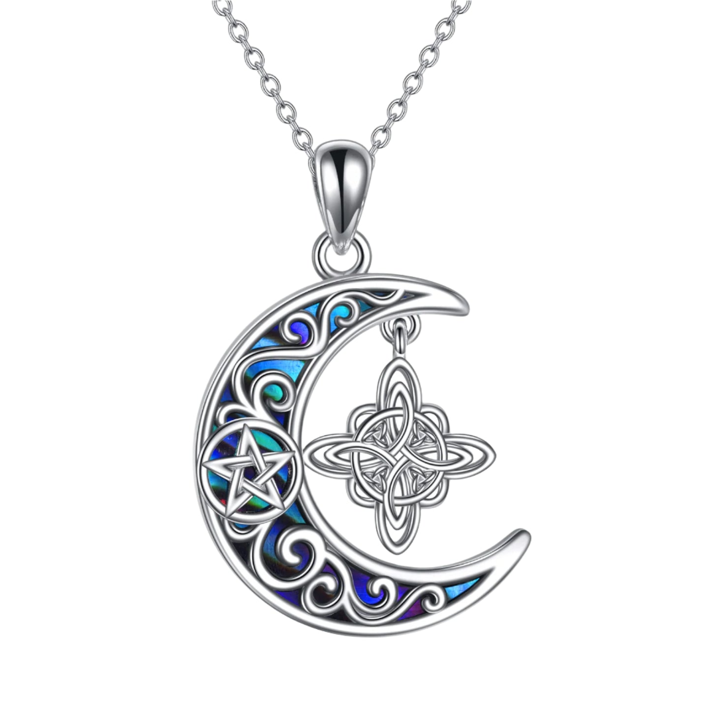925 Sterling Silver Abalone Shell Witch's Knot Crescent Moon Pendant Necklace