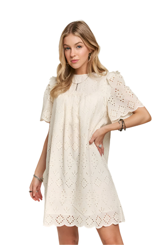 ADORA Ruffled Eyelet Round Neck Dress