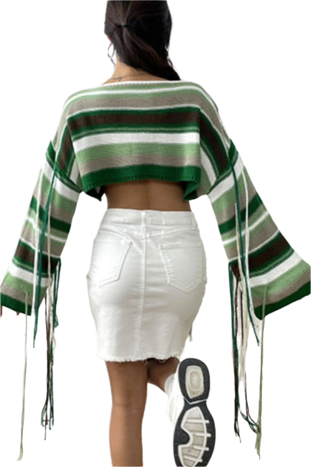 Fringe Striped Round Neck Knit Top
