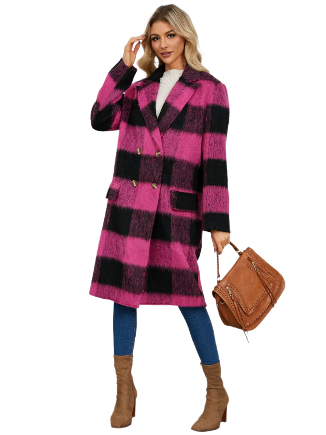 Plaid Double-Breasted Long Sleeve Coat