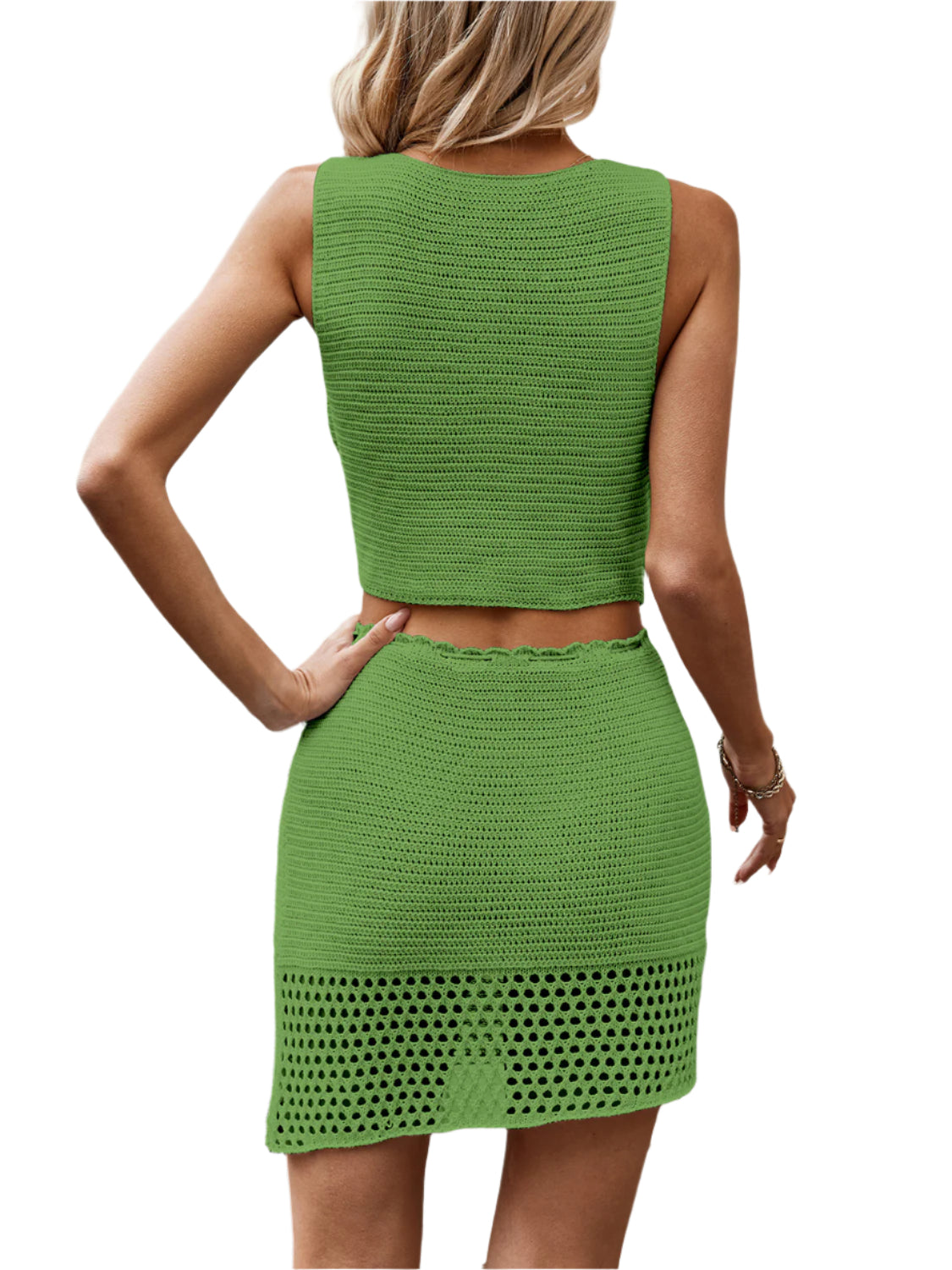 Button Up Sleeveless Top and Drawstring Skirt Set