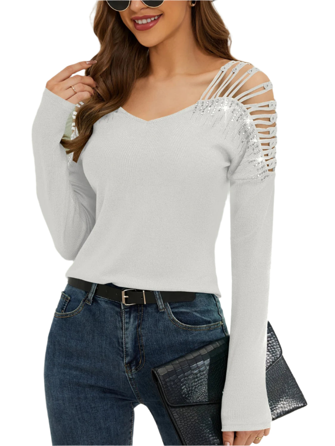 Rhinestone Cutout Long Sleeve T-Shirt
